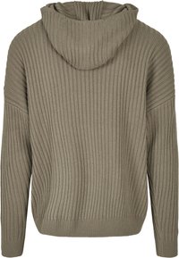 Taupe pružný úpletový sveter s dlhými rukávmi a pripevnenou kapucňou, zobrazený zozadu.