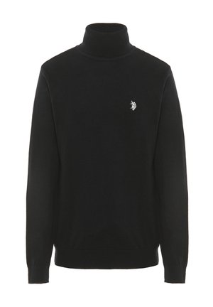 Maglione a collo alto nero realizzato in un tessuto finemente lavorato. Presenta un design aderente con maniche lunghe e un piccolo logo ricamato sul petto.