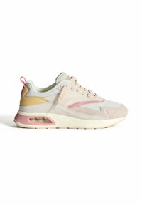 Helle Sneakers mit einem Obermaterial aus Mesh und Wildleder. Mit rosa und goldenen Akzenten, einer gepolsterten Sohle und einer sichtbaren Lufttasche in der Ferse.