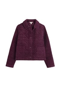 Kurtka z pikowanej korduroy w głębokim purpurowym kolorze z kołnierzem, z przodu na guziki i dwiema naszytymi kieszeniami. Posiada teksturowany wzór i skrócony krój.