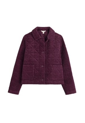 Prešívaná kordová bunda v hlbokej fialovej farbe s golierom, prednými gombíkmi a dvoma vreckami na nášivku. Obsahuje štruktúrovaný vzor a skrátený strih.