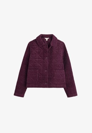 Veste en velours côtelé matelassé de couleur violet profond avec un col, des boutons à l'avant et deux poches plaquées. Caractérisée par un motif texturé et une silhouette raccourcie.