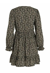 Mörkblommig klänning med långa puffärmar. Har en samlad midja och vågig nederkant. Materialet är lätt, med en svart bakgrund och krämfärgade blommor.