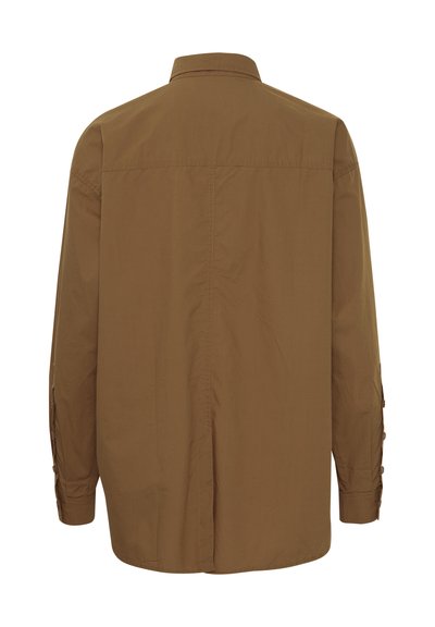 Langsleeve bruin shirt gemaakt van lichtgewicht stof, met een kraag, knoopmanchetten en een rechte snit met een achterventilatie.