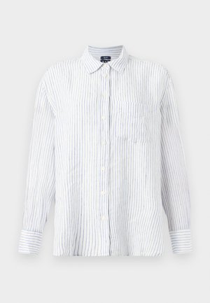 Chemise à manches longues, boutonnée, blanche avec des rayures verticales bleues, en tissu coton, texture douce, col et poche poitrine.