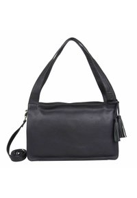 Schwarze Lederhandtasche mit einer glatten Textur, ausgestattet mit einem verstellbaren Tragegurt, einem Quastakzent und einer strukturierten rechteckigen Form.