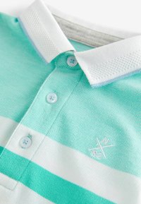 Heled teal polo särk valgete horisontaalsete triipudega. Omab tekstureeritud kraed, kolme nööbiga kinnistust ja väikest tikandiga logo.