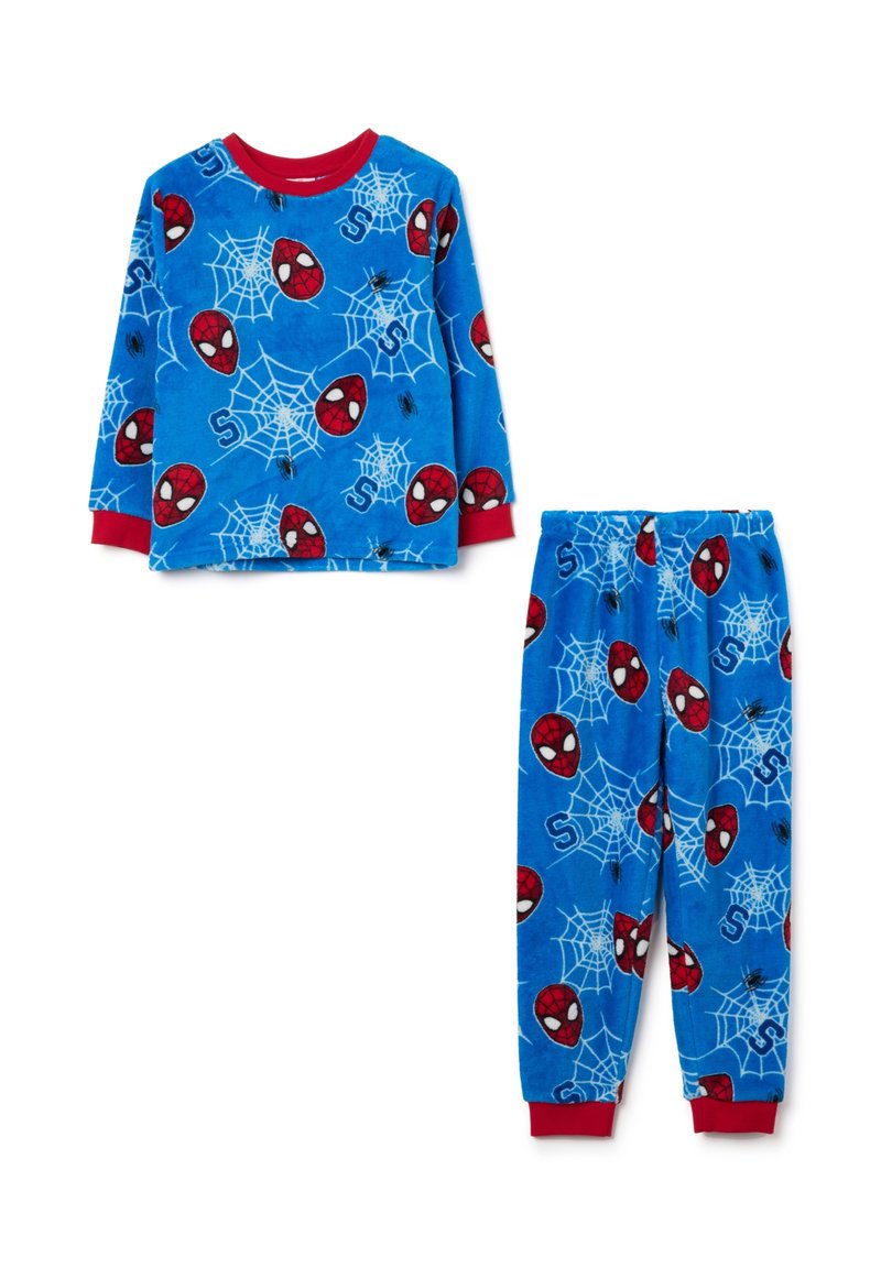 Blaue Fleece-Pyjamas mit roten Spider-Man-Gesichtern und Netzmustern. Langärmeliges Oberteil mit passenden Hosen mit elastischem Bund. Rote Akzente an den Bündchen.