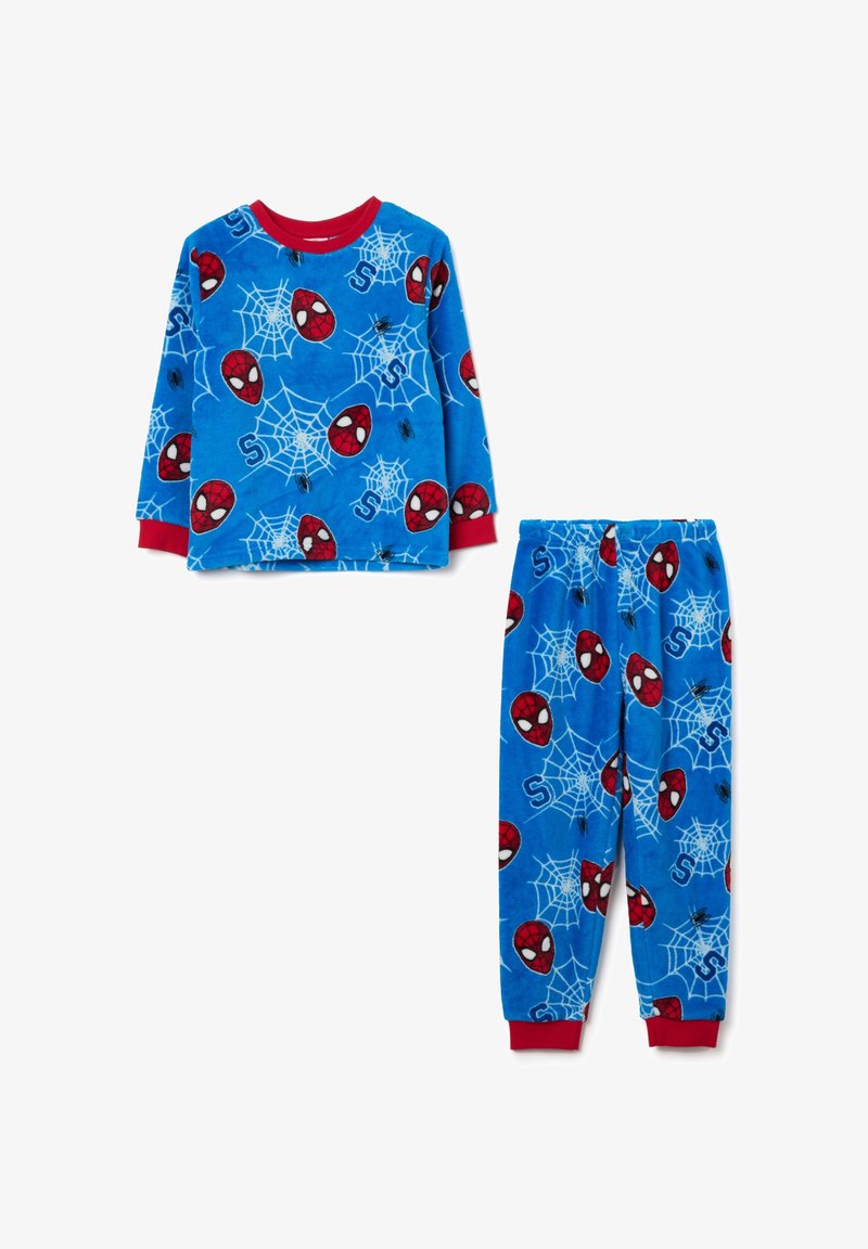Blaue Fleece-Pyjamas mit roten Spider-Man-Gesichtern und Netzmustern. Langärmeliges Oberteil mit passenden Hosen mit elastischem Bund. Rote Akzente an den Bündchen.