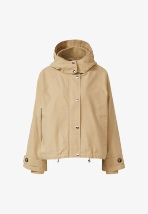 Beige Kapuzenjacke mit Druckknöpfen vorne, verstellbaren Manschetten mit Knöpfen, Vordertaschen und Kordelzug am Saum.