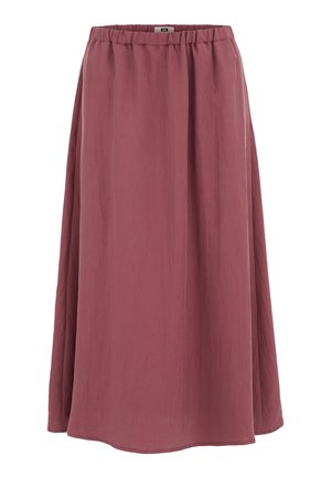 Mauve A-line midi skirt with elastic waistband and smooth texture, designed for casual or semi-formal wear.