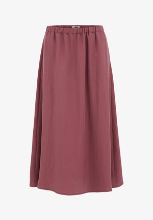 Orgonalila A-vonalú midi szoknya elasztikus derékpánttal és sima textúrával, hétköznapi vagy félformális viseletre tervezve.