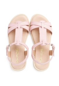 Sandali in pelle rosa con cinturini incrociati e fibbia alla caviglia. Presentano un design intrecciato e una soletta beige. Suola in gomma liscia.