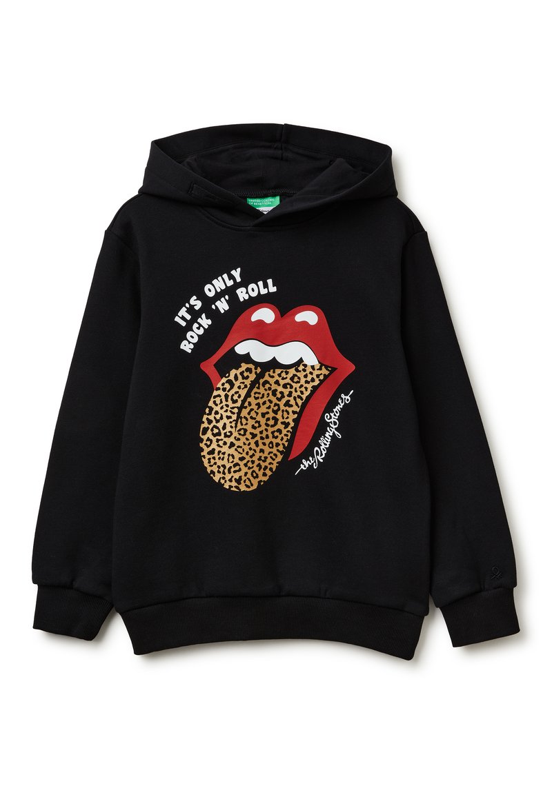 Sudadera negra con un gran gráfico de labios rojos y una lengua de estampado de leopardo. El texto dice: "SOLO ES ROCK 'N' ROLL" en blanco. Tela suave.