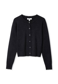 Schwarze Strickjacke aus weichem Strickmaterial, mit einem gewellten Ausschnitt, fünf Knöpfen und verstreuten, leichten Akzentdetails.