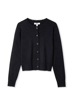 Cardigan noir en tissu tricoté doux, avec un col festonné, cinq boutons et des détails d'accent lumineux dispersés.