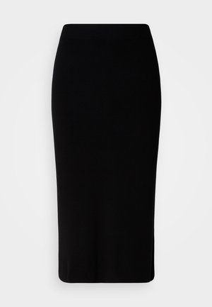 Fustă midi tricotată, neagră, cu talie ajustată și fante laterale. Textură netedă și design simplu, potrivită pentru o gamă variată de stiluri.