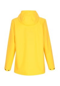 Klart gul vattentät jacka med huva, långa ärmar och knäppte manschetter. Slät textur, enkel design utan synliga logotyper eller mönster.
