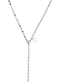 Silberne Kettenhalskette mit ovalen Gliedern, im Y-förmigen Design und einem kleinen runden Anhänger am Verschluss. Glatte Metalloberfläche.