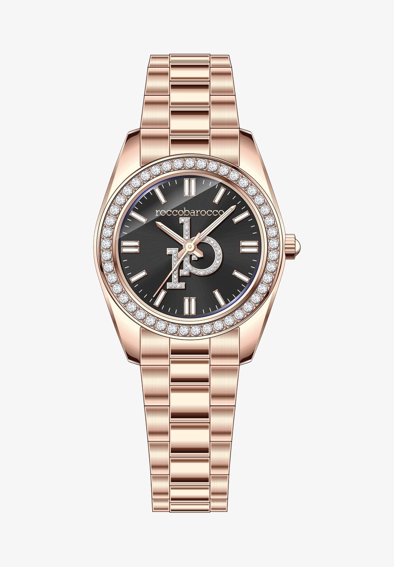 Złoty zegarek w kolorze różowego złota z czarną tarczą, akcentami kryształowymi wokół bransolety i indeksami w postaci linii. Posiada teksturowaną bransoletę ogniw.