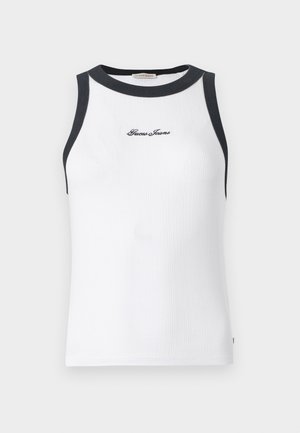 Top blanco sin mangas con textura acanalada y ribete negro en el cuello y las sisas, con "Guess Jeans" bordado en negro en el pecho.