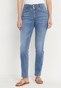 Högmidjade blå denimjeans med treknapprapport, raka ben och subtil blekning. Kombinerat med bruna remsandaler.