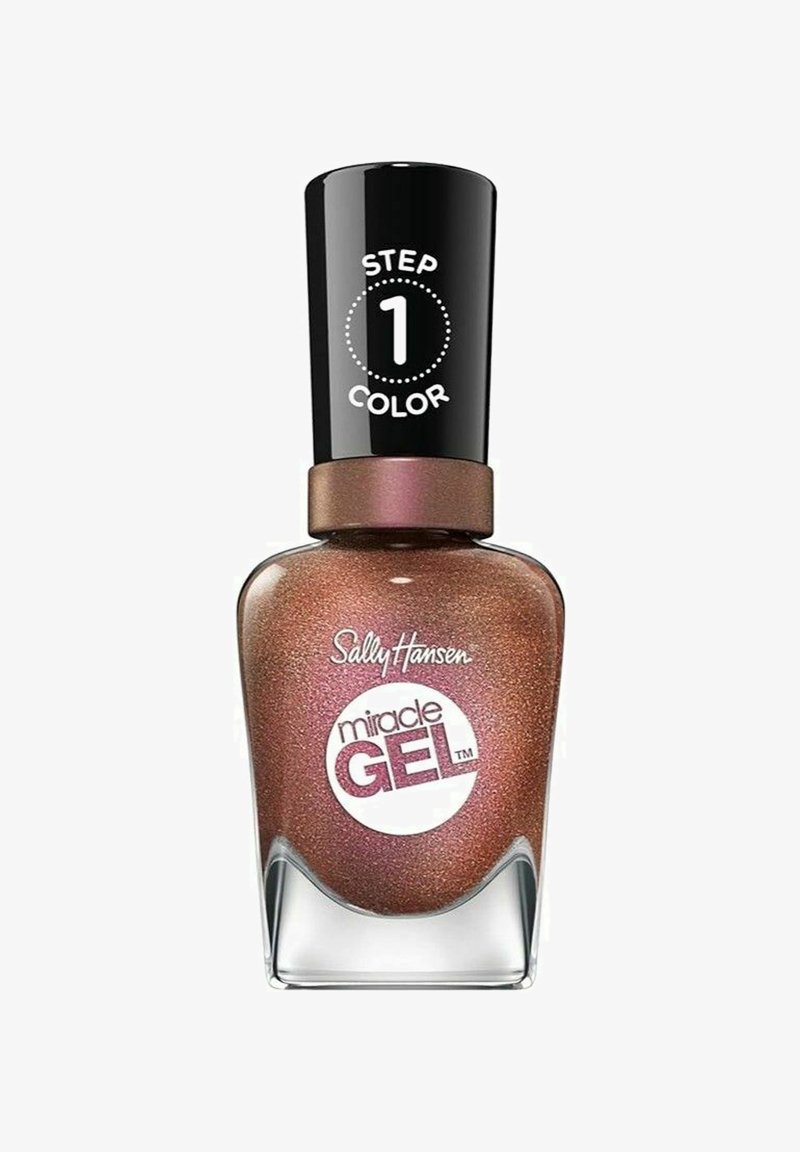 Sally Hansen Miracle Gel neglelak i en glitrende bronze farve, præsenteret i en klar glasflaske med et sort låg mærket "TRIN 1 FARVE."