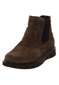 Braune Wildleder-Ankle-Boots mit einem strukturierten schwarzen elastischen Einsatz, runder Zehenpartie und einer strapazierfähigen schwarzen Sohle mit tiefen Rillen für besseren Halt.