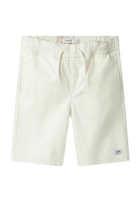 Crème-kleurige shorts gemaakt van zachte katoen, met een elastische tailleband en een trekkoord, zijzakken en een klein logo-patch.