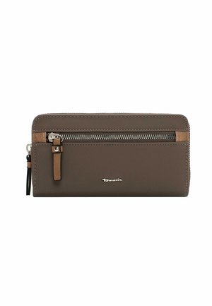 Brown faux leather wallet with a zippered compartment, tan accent, and silver hardware. Features a logo in the center and a textured finish.