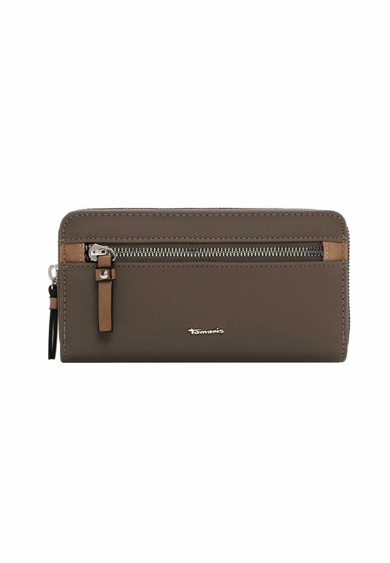 Brown faux leather wallet with a zippered compartment, tan accent, and silver hardware. Features a logo in the center and a textured finish.