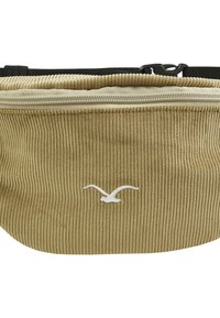 Hellgrau Cordura Bauchtasche mit gerippter Textur, ausgestattet mit einem silbernen Reißverschluss und einem weißen gestickten Vogel-Logo auf der Vorderseite.