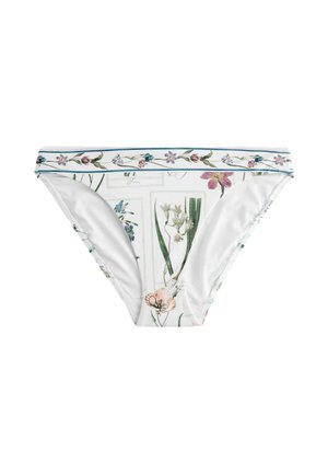 Weiße Bikinihose mit floralem Muster, das verschiedene farbige Blumen und grüne Blätter zeigt, sowie einem floral gemusterten Bund.