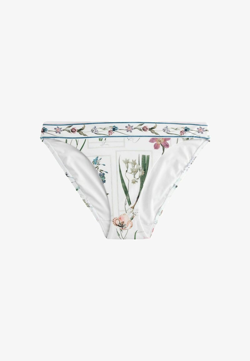 Bas de bikini blanc à imprimé floral avec des fleurs de différentes couleurs et des feuilles vertes, ainsi qu'une ceinture à motifs floraux.