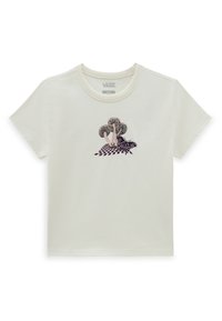 Crème T-shirt met korte mouwen met een kleurrafbeelding van paddenstoelen en een vlinder op een geruite achtergrond, gemaakt van zachte katoen.