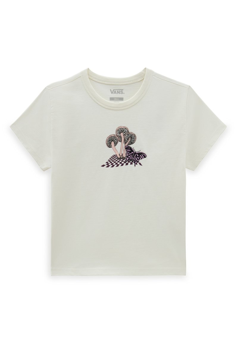 Crème T-shirt met korte mouwen met een kleurrafbeelding van paddenstoelen en een vlinder op een geruite achtergrond, gemaakt van zachte katoen.