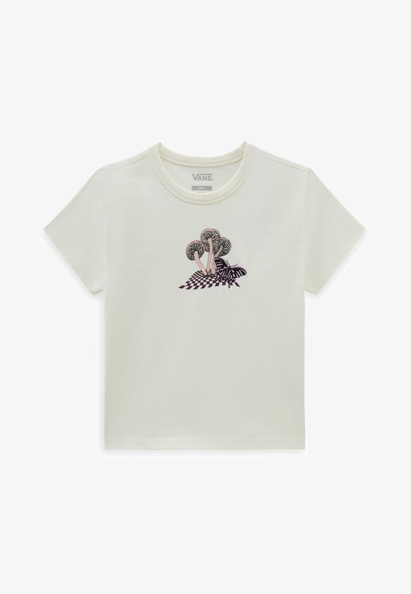 Cream short-sleeve T-shirt featuring a multicolored graphic of mushrooms and a butterfly on a checkered background, made from soft cotton.