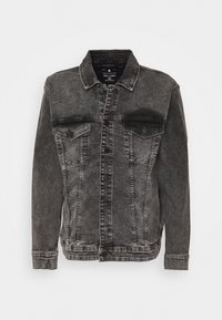 Giacca in denim lavato nero con chiusura a bottoni, due tasche a pattina sul petto, maniche lunghe e colletto classico, taglia 3XL.