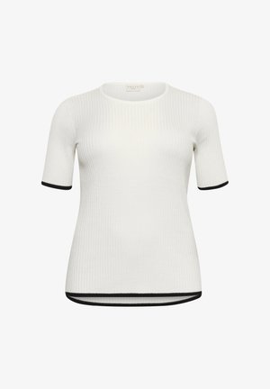 Biely rebrovaný krátky rukáv top s okrúhlym výstrihom a čiernym lemovaním na rukávoch a spodnom okraji. Vyrobený z mäkkého, textúrovaného materiálu.