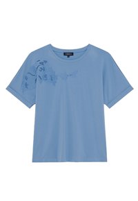 Blå kortärmad T-shirt i mjuk bomull, med blommig broderi på vänster sida och rund halsringning.