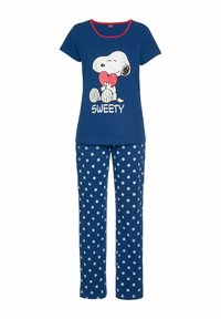 Marineblaue Baumwoll-Schlafanzug-Set mit einem Kurzarmoberteil, das ein Snoopy-Graphic und den Text "SWEETY" zeigt, kombiniert mit gepunkteten Pants.
