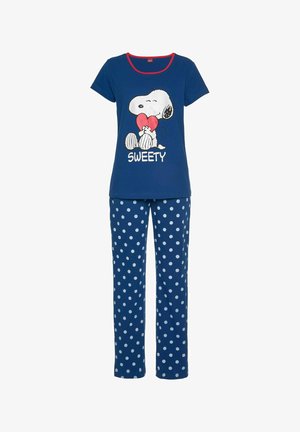 Navy cotton pajama set featuring a short-sleeve top with a Snoopy graphic and "SWEETY" text, paired with polka dot pants.
