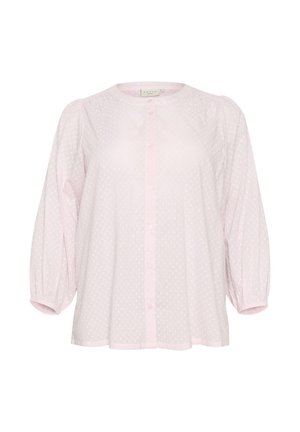 Bluză de culoare roz deschis, cu mâneci bufante, guler rotund, închidere cu nasturi și model cu buline. Fabricată dintr-un material ușor, semi-transparent.