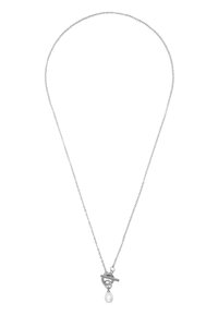 Collana in argento con chiusura a moschettone, caratterizzata da una perla bianca a forma di goccia che pende dal pezzo centrale. Design semplice ed elegante.