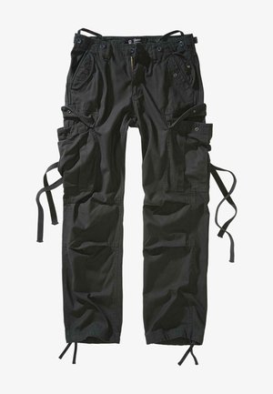 Fekete cargo nadrág, könnyű anyagból készült, több zsebbel, húzózsinórral az oldalán és laza szabással, megerősített varrással.