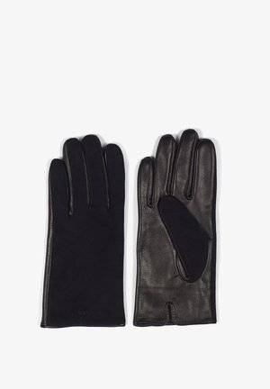 Black leather gloves featuring a smooth finish, a soft fabric underside, and a snug fit. Notable for the contrasting material on the palm.
