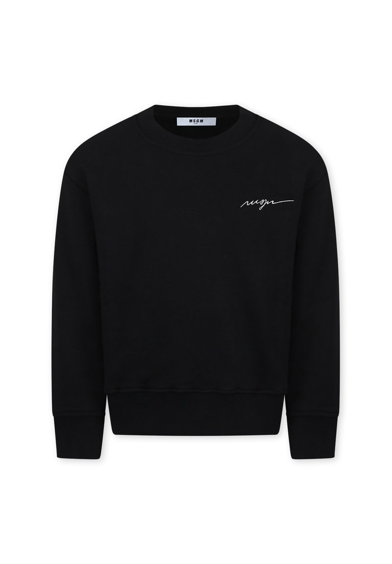 Zwarte sweatshirt van zacht katoen, met een klassieke ronde halslijn, lange mouwen en een minimalistisch wit geborduurd logo op de borst.