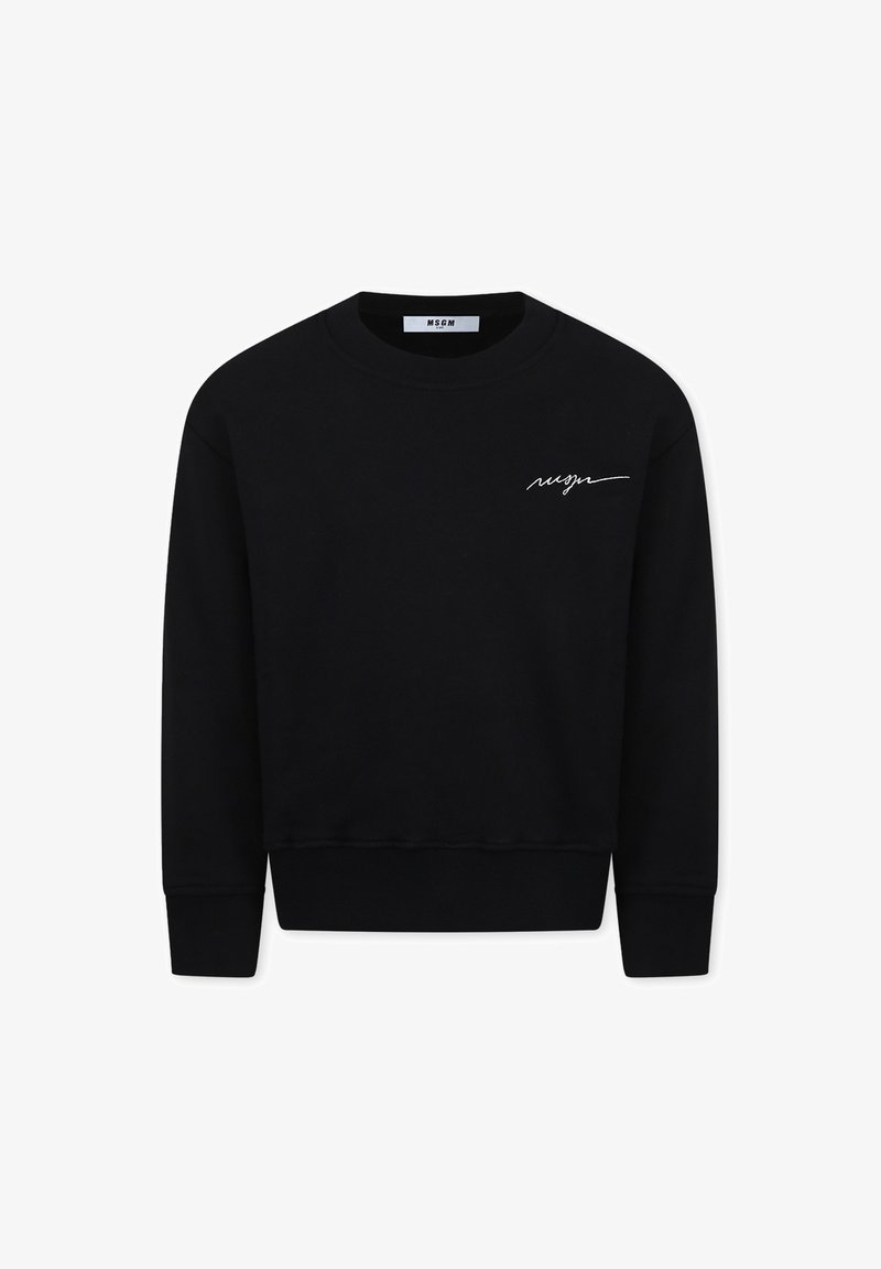Sweatshirt noir en coton doux, doté d'un col rond classique, de manches longues et d'un logo brodé blanc minimaliste sur la poitrine.