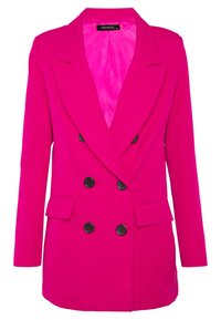 Fuchsiové dvouřadé sako z hladké látky, s velkými černými knoflíky, klopami s výstřihem a bočními kapsami. S podšitým vnitřkem.