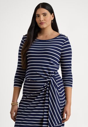 STRIPED TIE-FRONT COTTON-BLEND DRESS - Blusenkleid - refined navy/white